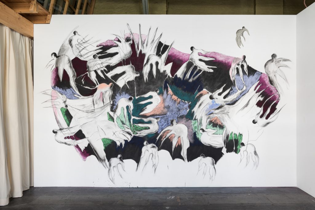 Bettina Scholz: Die Guten und die Bösen, wall drawing, studio view, Berlin, 2021
