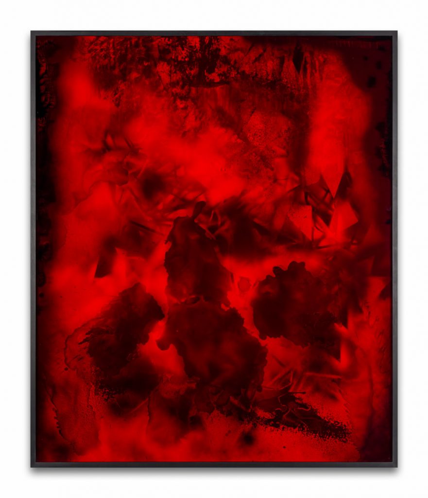 Bettina Scholz: red, red rambler, spray paint and ink on mdf and acrylic glass, 158 x 132 cm, 2020
