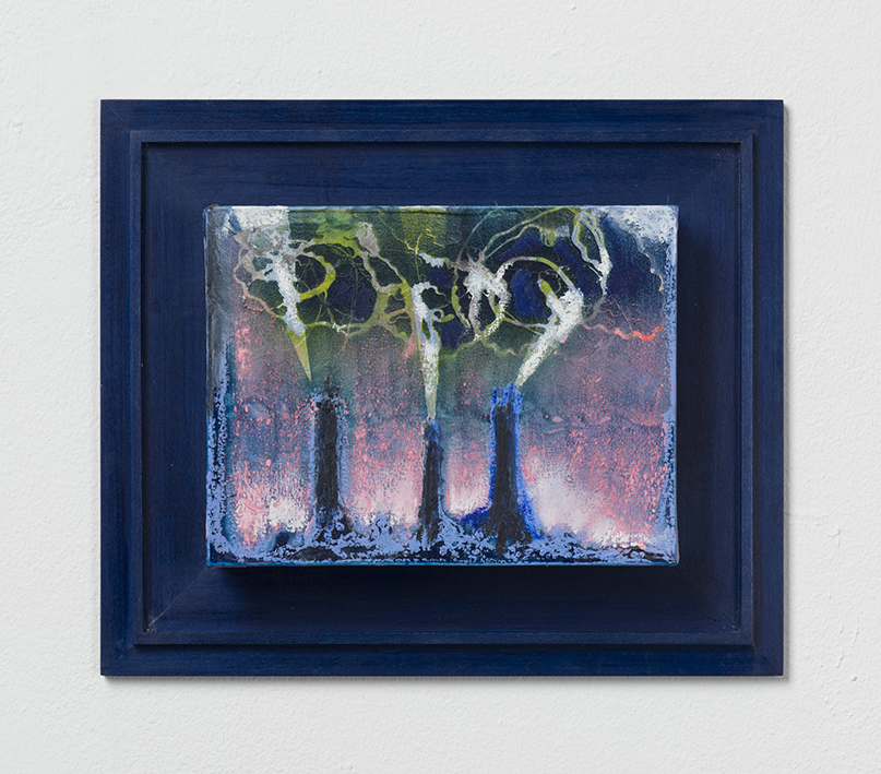 Bettina Scholz: Schornsteine, Oil and pastel on canvas, 20x15x3,5 cm, framed, 2021
