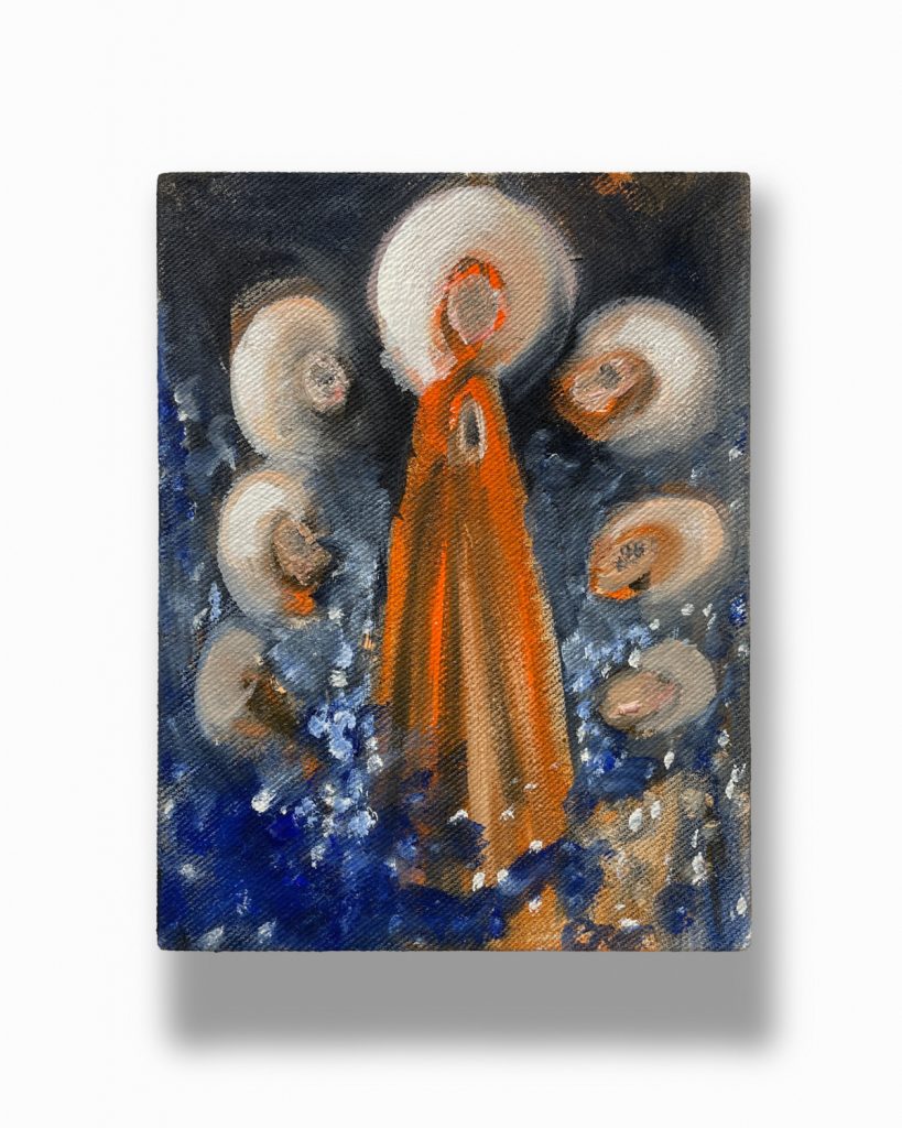 Bettina Scholz: Sakrale Szene, Öl und Leinwand, 20x15x3,5cm, 2025
