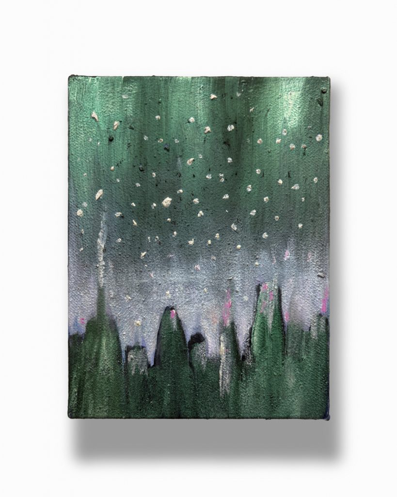 Bettina Scholz: Grüne Stadt, Öl und Acryl auf Leinwand, 20x15x3,5cm, 2026
