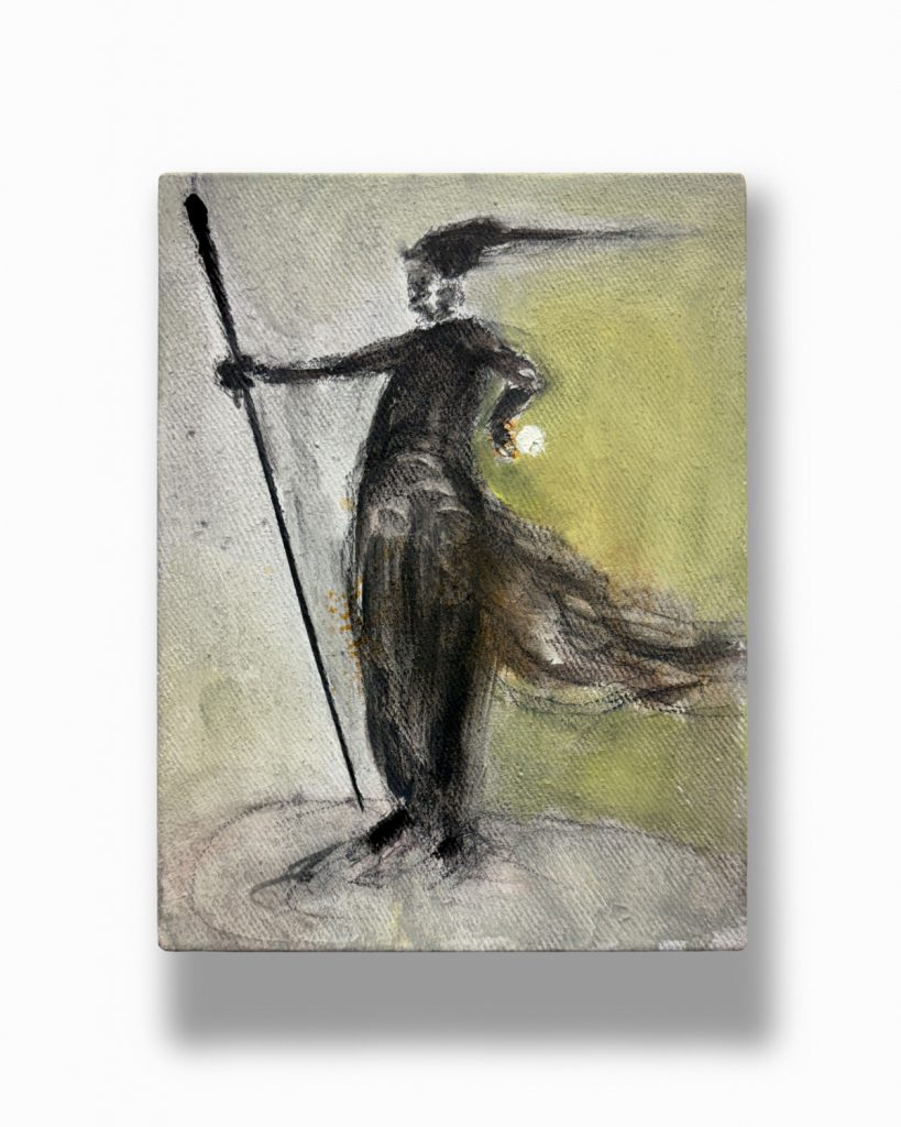 Bettina Scholz: Märchenfigur, Öl und Zeichenkohle auf Leinwand, 20x15x3,5cm, 2026
